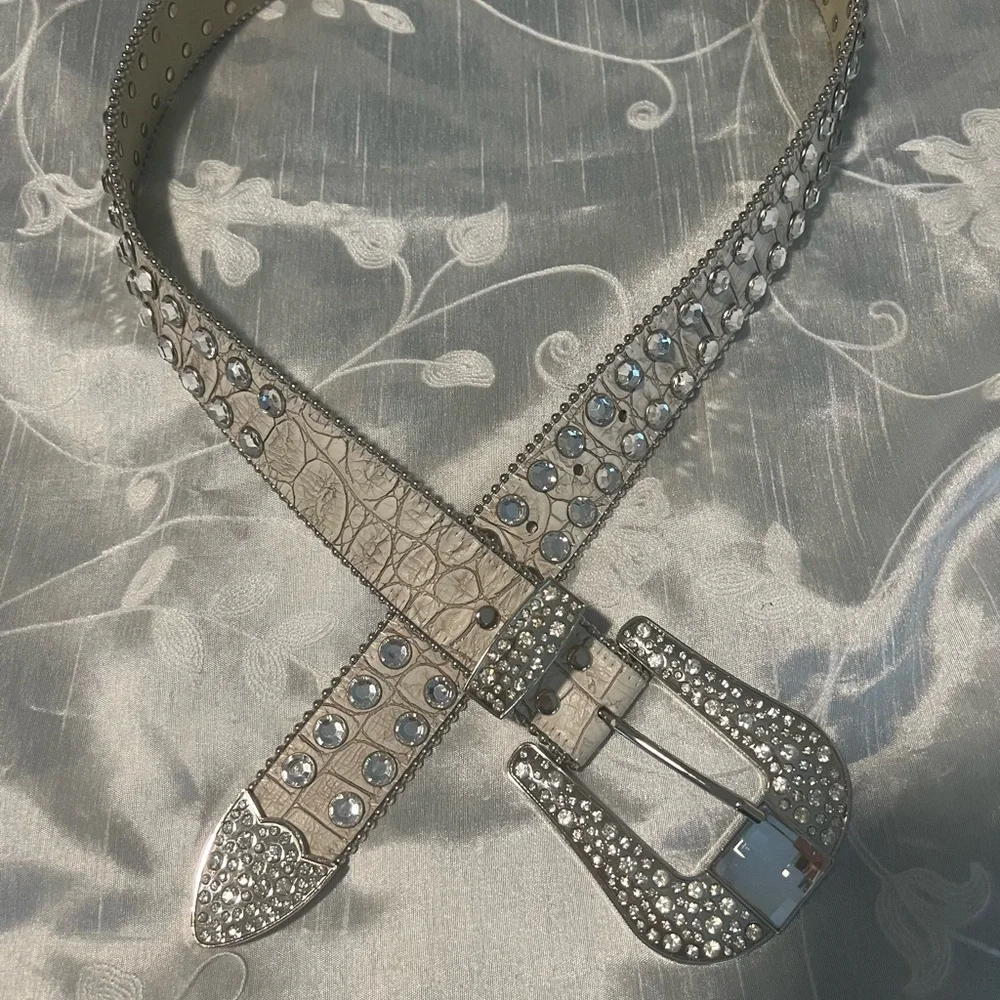 White Decorative Belt with Studs and Large Buckle
